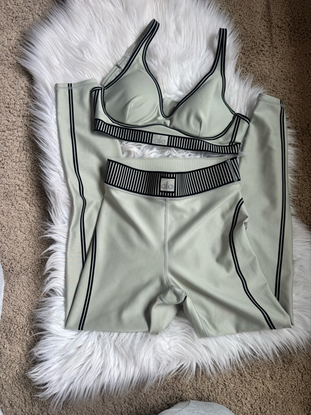 ALO Yoga Sage Green Sports Bra & Leggings with Black Trim